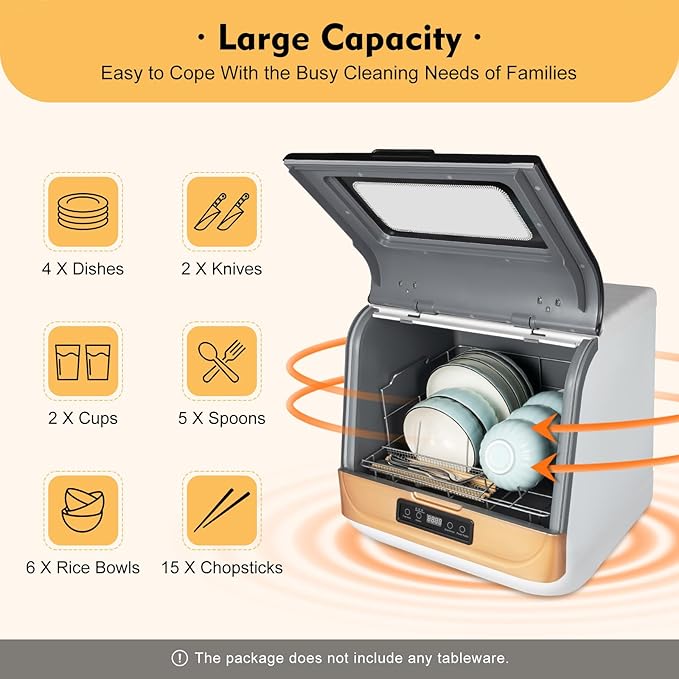 Countertop Dishwasher, 110V 800W Portable Compact Tabletop Dishwasher with 3 Washing Programs, Automatic Dish washer with Water Pipe, Cleaning Machine for Household Kitchen Apartment Boat (Gold)