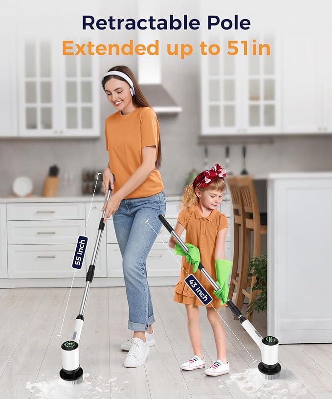 Electric Spin Scrubber, Cordless Cleaning Brush with 7 Replaceable Brush Heads, 2-Speed Adjustable Handle Shower Scrubber, IPX7 Waterproof for Bathroom, Tub, Tile & Floor, Teens, White-qe2...