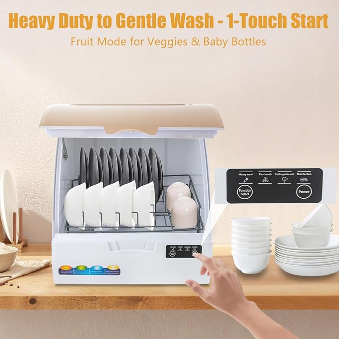 Small Countertop Dishwasher, 4 Washing Programs Neutral Freestanding Dishwasher with 3L Built-in Water Tank, 900W 360° Spraying Water Compact Dishwasher for Homes (900W White Gold)