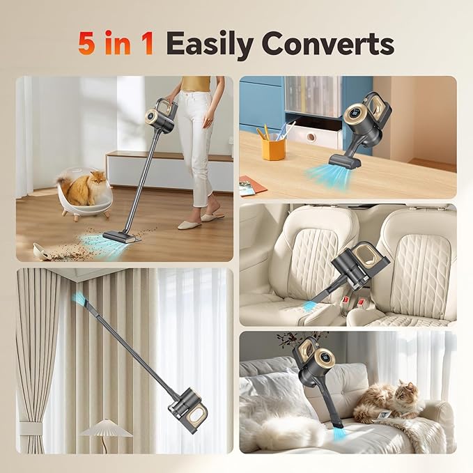 Cordless Vacuum Cleaner, Powerful Suction Vacuum Cleaners for Home, Stick Vacuum Cordless Rechargeable with LED Screen and 3-Speed Suction, Lightweight Vacuum for Hard Floors Carpets Pet Hair, Gold