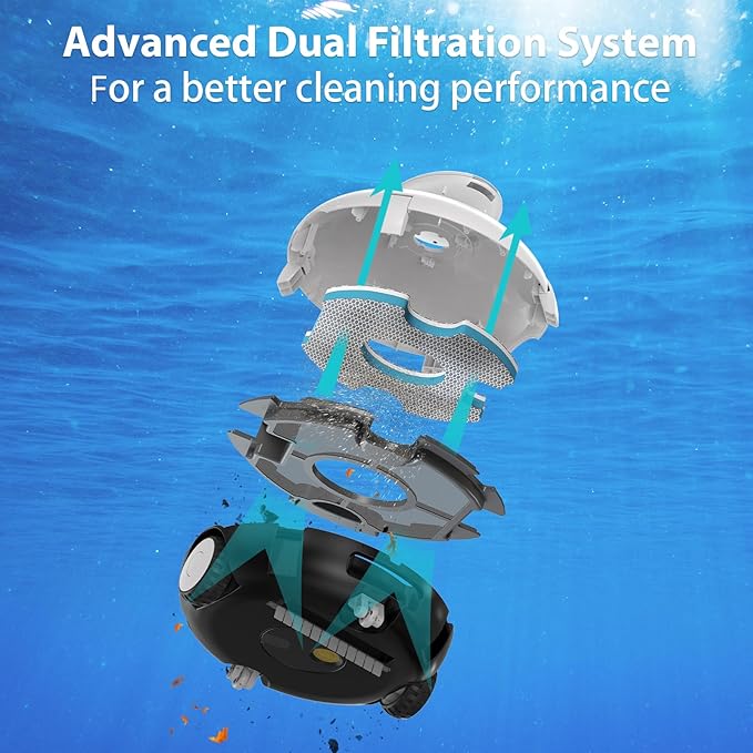 Cordless Robotic Pool Vacuum, 90 Mins Runtime Pool Cleaner with Double Filters, Lightweight, Powerful Brushless Motors for Above Ground Flat Pools up to 860 Sq.Ft (Black)