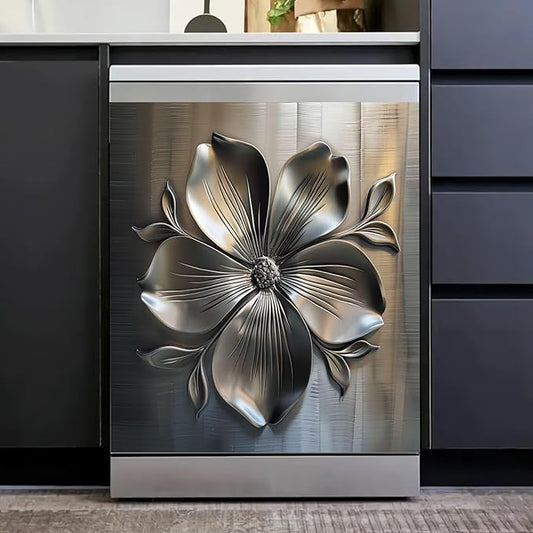 Metal Flower Dishwasher Magnetic Cover for Door Front, Retro Style Stainless Steel Refrigerator Magnet Decor Sticker, Dishwasher Magnet Panel Decal for Fridge Home Appliance 23 W x 26 H inches