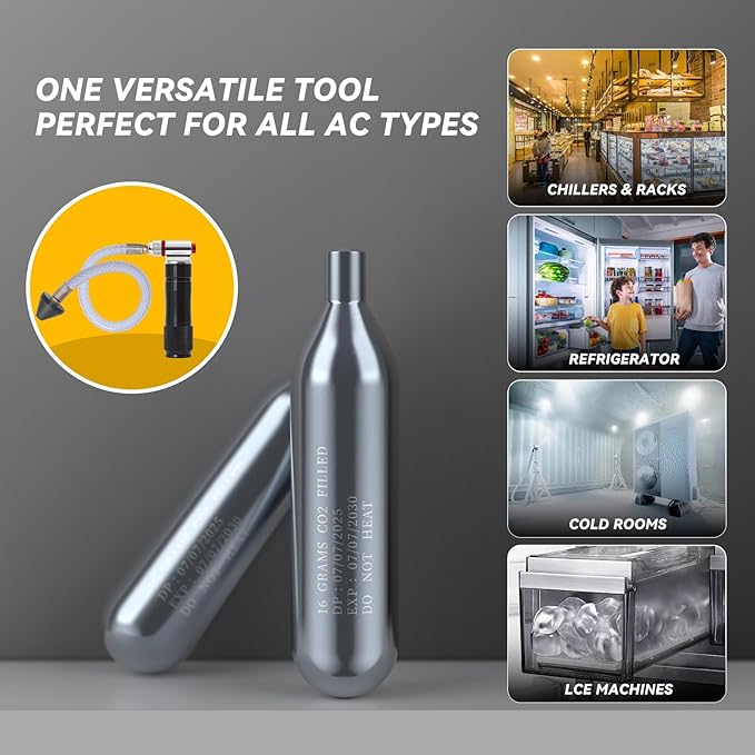 Upgraded Drain Device, AC Drain Line Cleaner Device, AC Drains Line Unclogger Tool, with 6 Unthreaded CO2 Cartridges, with a Flexible Hose to Clear All HVAC Clogs,16 Gram Unthreaded CO2