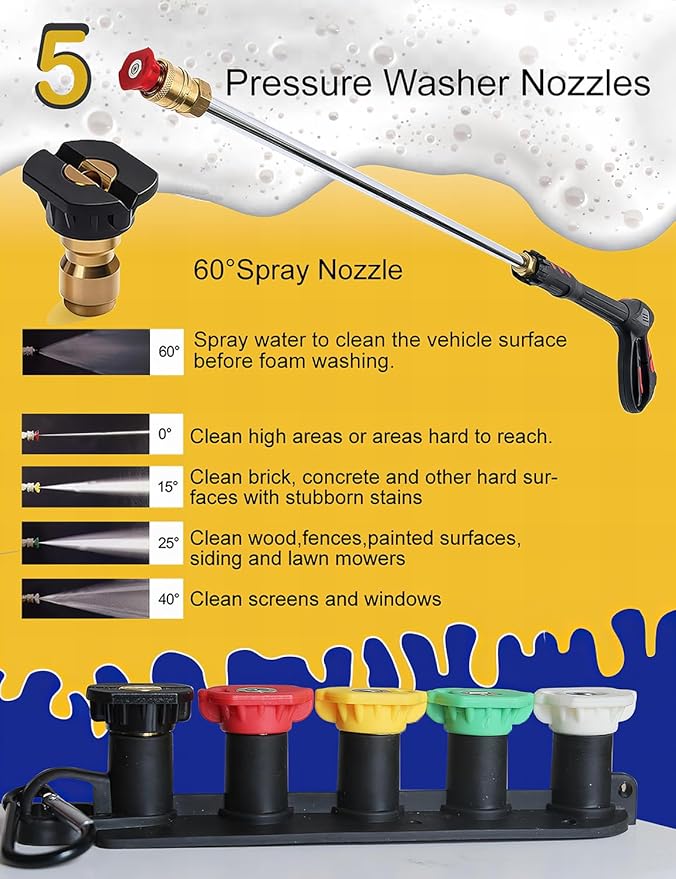 BOSEA Premium Foam Cannon with Pressure Washer Tips and Nozzle Holder, Nickel-Plated Copper, Durable | Dense Foam, Car Soap Dispenser for Pressure Washer, Car Wash Soap Sprayer with 1/4" Connector