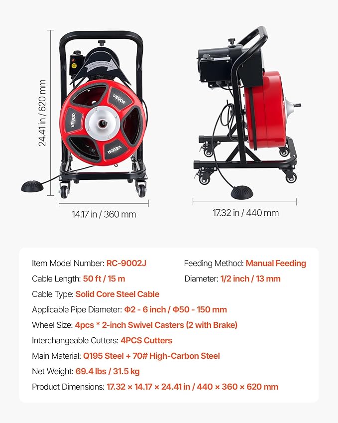 VEVOR Drain Cleaner Machine 50 FT x 1/2 Inch, Manual Feed Sewer Snake Auger on Wheels - with 4 Cutters & Air-activated Foot Switch for 2" to 6" Pipes