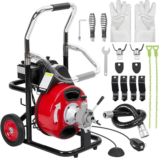100Ft x 3/8Inch Drain Cleaner Machine, Portable Electric Drain Auger Cleaner with 6 Cutters & Gloves, Drain Cleaning Machine Fits 1" to 4" Pipes