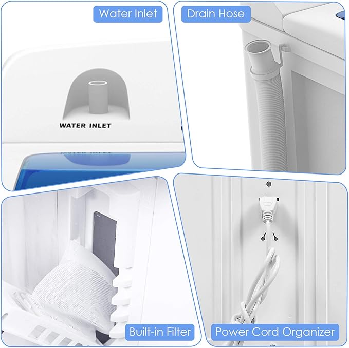 LDAILY Portable Washing Machine, 20lbs Compact Twin Tub Washer and Spinner with Drain Pump and Deep Cleaning, Mini Laundry Washing Spinning Combo for Apartment, RV, Dorm, Camping (White & Blue)