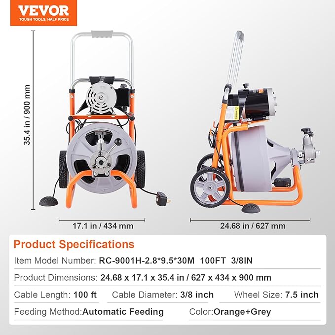 VEVOR Drain Cleaner Machine 100FT x 3/8 Inch, Auto Feed Sewer Snake Drain Auger on Wheels, Portable Drain Cleaning Machine with 8 Cutters & Air-activated Foot Switch for 2" to 4" Pipes