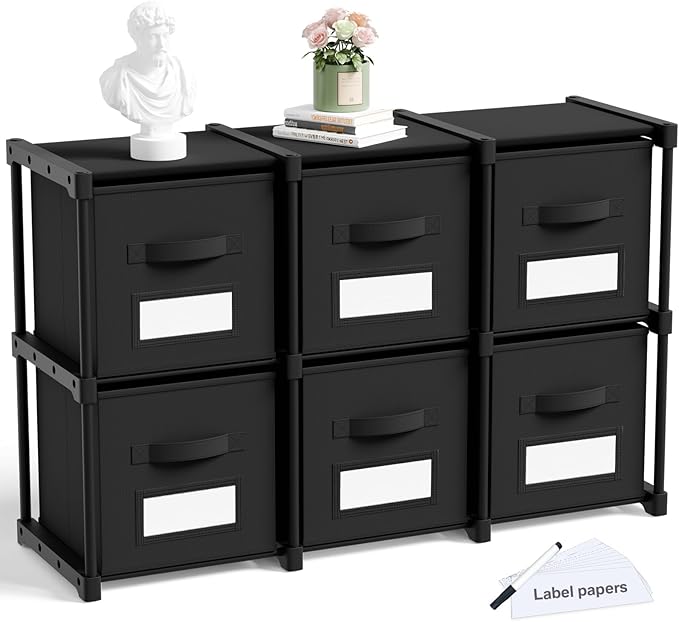 Geelin 6 Sets Cube Storage Organizer Bins with Shelf & Labels 11 Inch, Fabric Collapsible Cubby Toys Clothes Storage Drawer Unit for Daycare Nursery Playroom Bedroom Dorm Organizer (Black)