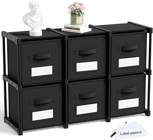 Geelin 6 Sets Cube Storage Organizer Bins with Shelf & Labels 11 Inch, Fabric Collapsible Cubby Toys Clothes Storage Drawer Unit for Daycare Nursery Playroom Bedroom Dorm Organizer (Black)