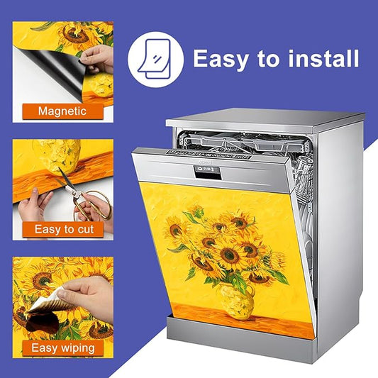 Dishwasher Magnet Cover 23x26 in Sunflower Vase Texture Artwork in Yellow and Green Dishwasher Cover for Kitchen Appliance Decoration Front Panel Sticker Rustic Art Skin Panel Home Decor