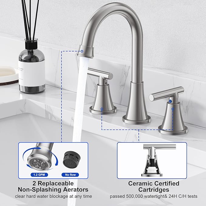 Bathroom Faucets for Sink 3 Hole, Hurran Brushed Nickel Bathroom Sink Faucet with Pop-up Drain and Supply Lines, Stainless Steel Lead-Free Widespread Faucet for Vanity RV, 2 Pack