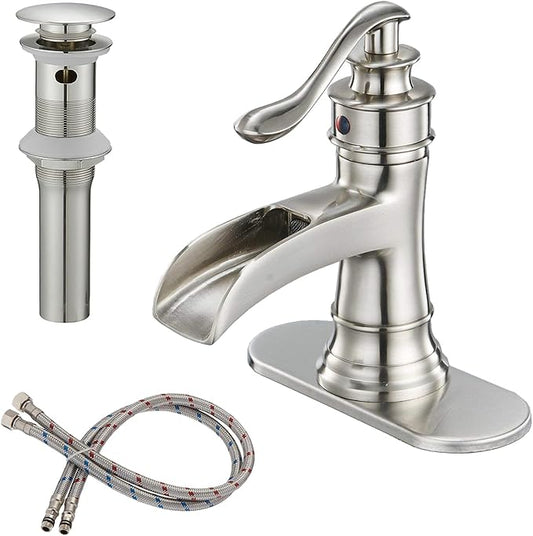 BWE Bathroom Faucet Brushed Nickel Waterfall Single Hole Matching Pop Up Drain Stopper Handle Sink Faucets Bath Vanity Lavatory Vessel Commercial Satin with Water Supply Hose