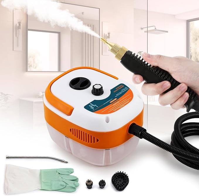 2500W Handheld Steam Cleaner, Pressurized Steam Cleaning Machine with 3 Brush Heads, 20s Heat Up, 1L Tank, Multipurpose Mini Portable Steamer for Tile, Grout, Furniture, Kitchen, Car, Home