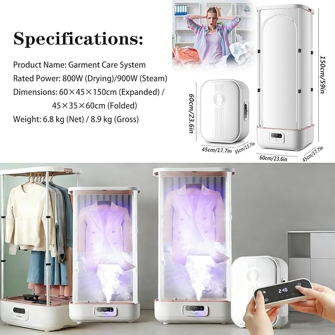 Automatic Vertical Garment Steamer System with Remote, 900W Wireless Steam Iron and Drying Station, Multi-Function Steam Closet for Full-Size Clothing and Fabric Care