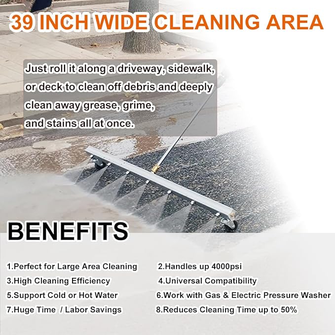 39 INCH Water Broom Pressure Washer Surface Cleaner 4000 Psi Power Broom Sweeper with 7 Nozzles and 2 Extension Wand for Concrete Driveway Sidewalk Deck, Roof，Floor Cleaning