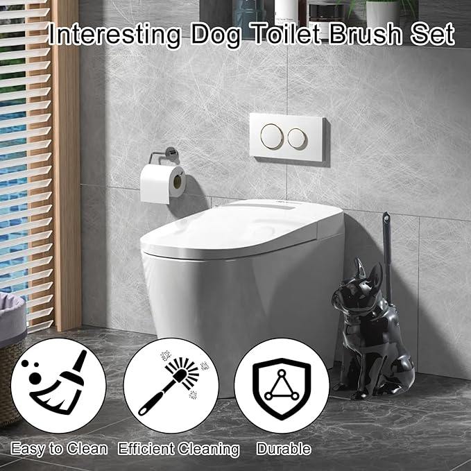 Comeon Ceramic Dog White/Black Toilet Brush and Holder Set, Plastic Handled Scrub Brush for Bathroom Cleaning,13.7"*6.3" (Black)