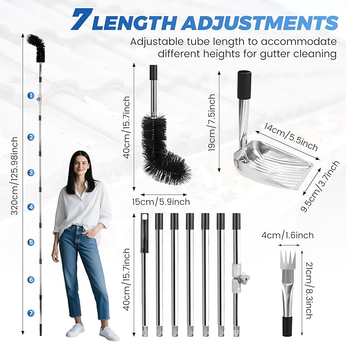 10.5FT Gutter Cleaning Tools from the Ground, Adjustable Length Gutter Cleaning Pole with Gutter Scoop, Gutter Brush, Gutter Rake, Efficient Gutter Cleaner for Leaves, Twigs & Debris