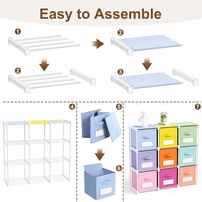 Geelin 9 Sets Cube Storage Organizer Bins with Shelf & Labels 11 Inch, Fabric Collapsible Cubby Toys Clothes Storage Drawer Unit for Daycare Nursery Playroom Bedroom Dorm Organizer (Pastel)