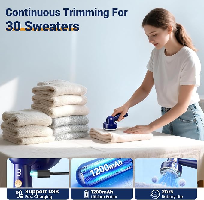 DBC Fabric Shaver & Lint Remover for Clothes, Sweaters & Furniture | 6-Leaf Blade, 3 Speeds, 2H Runtime, Portable Design Perfect for Travel, Includes 2 Extra Blades - Image 9
