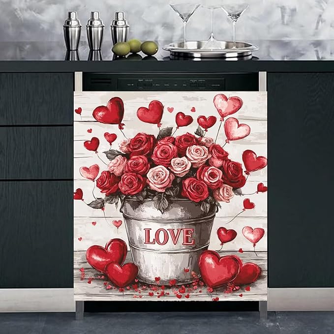Rose Bouquets Magnet Dishwasher Decoration Cover for The Front, Vintage Country Flowers Magnetic Refrigerator Cover Skin Panel, Love Balloons Vinyl Dishwasher Sticker 23x26 inch Magnetic