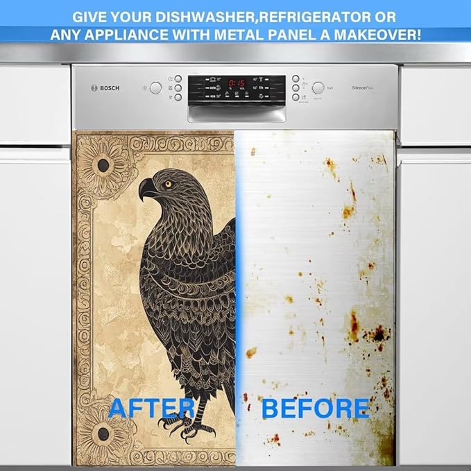 Black Eagle Home Appliance Dishwasher Magnetic Door Panel Sheet, Animal Eagle Dishwasher Magnet Front Cover, Retro Style Magnets Skin Cover for Refrigerator - 23" W x 26" H Magnetic
