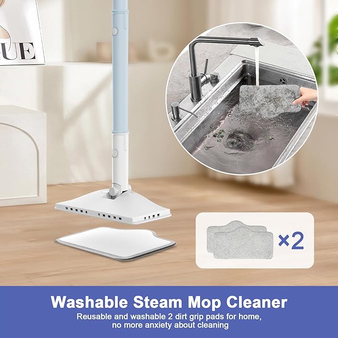 7-in-1 Steam Mop, 1200W Rotated Steam Cleaner for Home, 2 Modes, 400ML Removable Tank, 23FT Cord, 2 Washable Pads, Multi-Surface Steamer for Hard Floor, Laminate Floor, Tiles Cleaning (Light Blue)