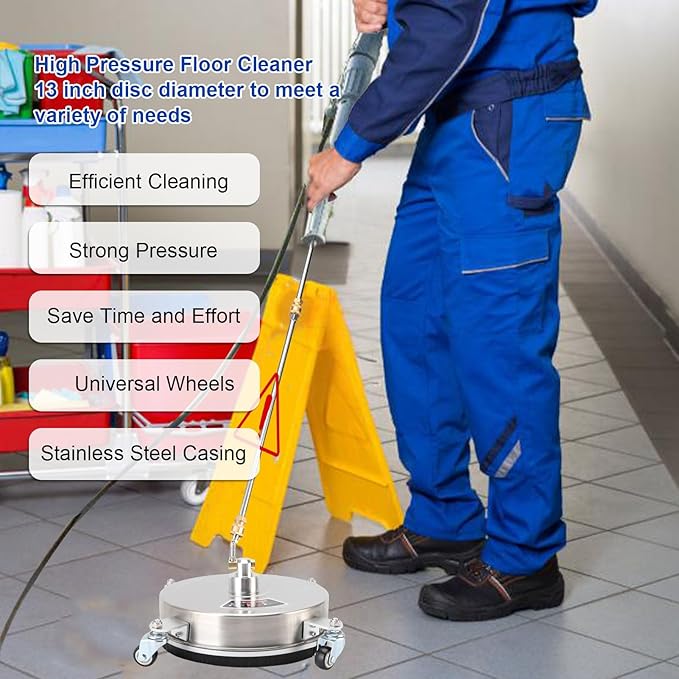 13 Inch Pressure Washer Floor Cleaner, Stainless Steel Exterior Cleaner with 4 Wheels, for Patio Driveway Sidewalk Porch Deck Brick Wall, Maximum 4000PSI