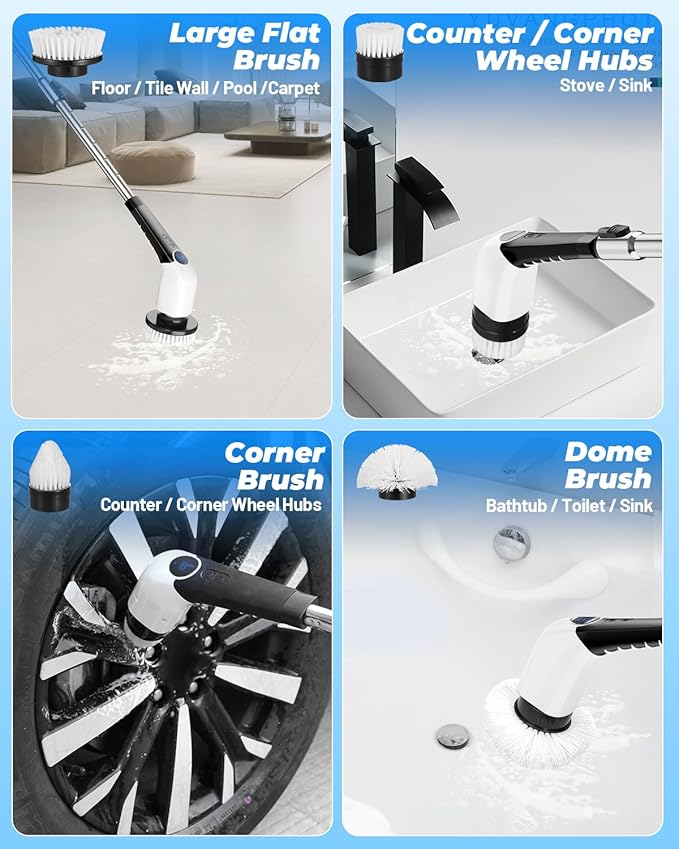 Electric Spin Scrubber,Bathroom Cleaning Brush,Shower Scrubber with Long Handle 8 Replaceable Brush Heads Voice Broadcast 3 Rotating Speeds,Tub Scrubber,Cordless Power Cleaning Brushes Floor Tile