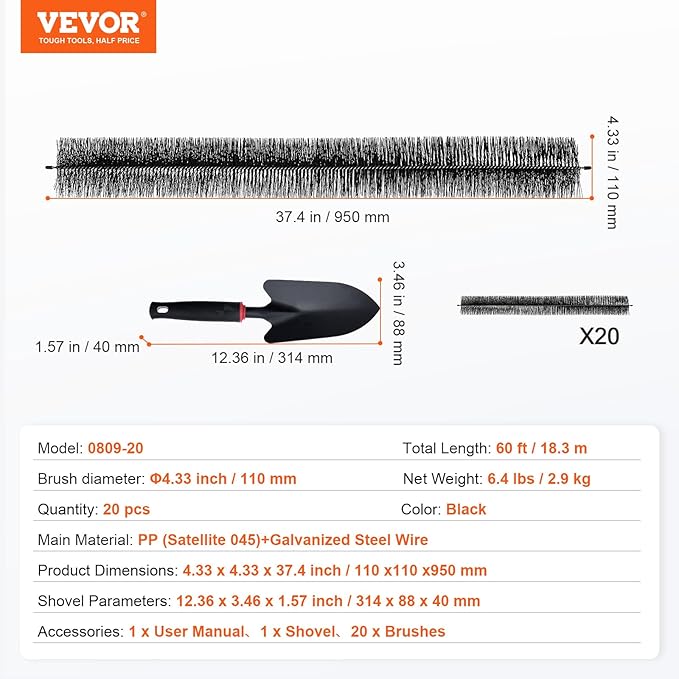 VEVOR Gutter Brush, 60 Feet Total Length 4.33 inch Diameter Gutter Cleaning Tools, Ground-Level Gutter Brush Leaf Guard for 5 Inch Gutters, Easily Clear roof Leaves and Debris, 20 Pack