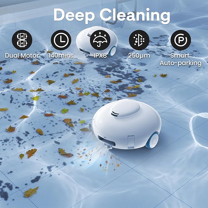 2025 Cordless Robotic Pool Vacuum, Pool Cleaner for Above Ground/Inground Pools - 7500mAh Battery, Lightweight, 140mins Runtime, Powerful Suction Pool Cleaner Vacuum for Flat-Bottom Swimming Pools