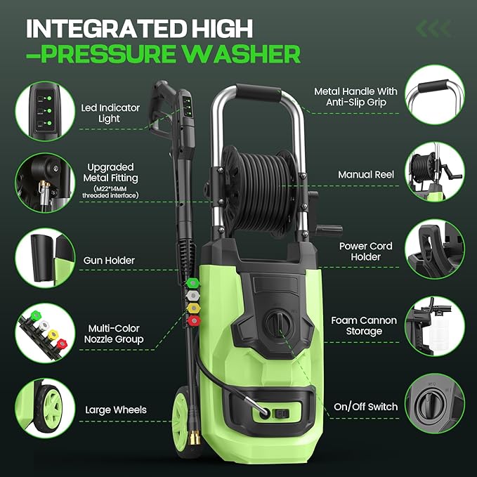 2026 New Pressure Cleaner PSI5000 with 3 Levels Adjustable Pressure Gun, Portable Pull-Handle, 4 Nozzles and Foam Cannon, Heavy Duty Cleaner Machine for Home/Car/Fence/Garden, Green