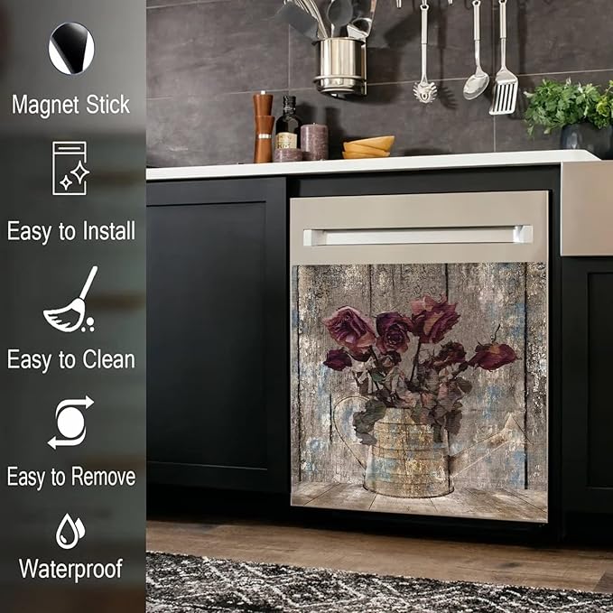 Retro Farm Wood Dishwasher Cover Door Decorative,Retro Rose Dishwasher Magnet Cover Front Sticker,Vintage Farm Floral Dishwasher Decal Home Appliance Panel Stickers 23"x17"