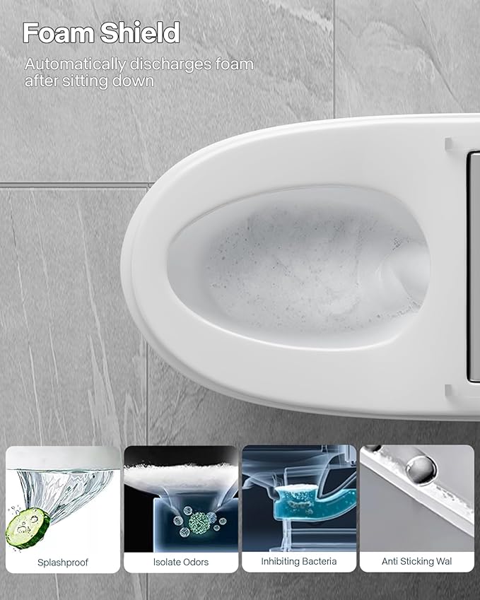 Smart Toilet with Bidet Built In, ADA Comfort Height, One Piece Elongated Toilet with Tank Built in,Pump, Auto Open Close Quiet Flush, Foam Shield, Voice Control Heated Seat, Instant Warm Water