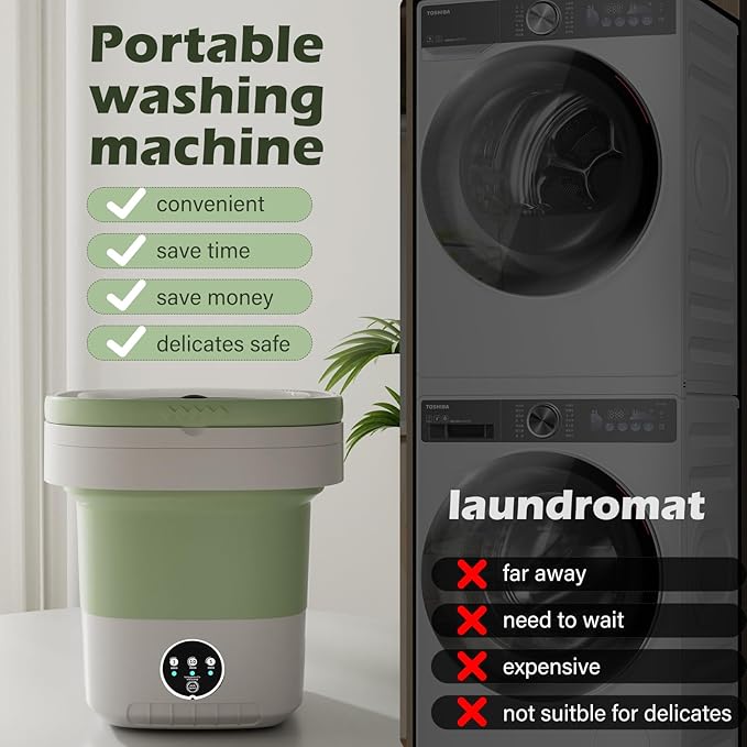 Portable Washing Machine, 7L/12L Upgraded Mini Washing Machine, Suitable for Small Clothes, Foldable Laundry Machine, Ideal for Dorm, Home, Hotel, Camping and Travel (Green, 12L)