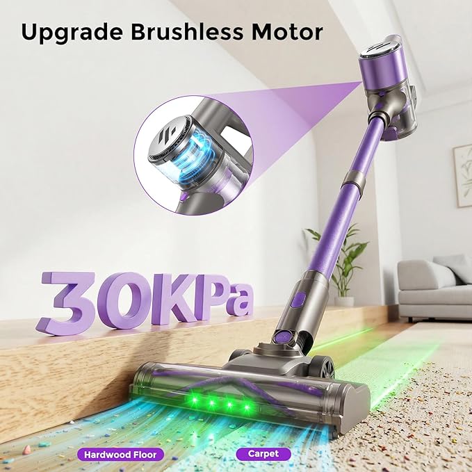 MBTTODF Cordless Vacuum Cleaner,Vacuum Cleaner for Home with Brushless Motor,Lightweight Stick Vacuum with Self-Standing and Touch Screen,Hardwood Floor Vacuum for Pet Hair,Carpets,Tile(Light Purple)