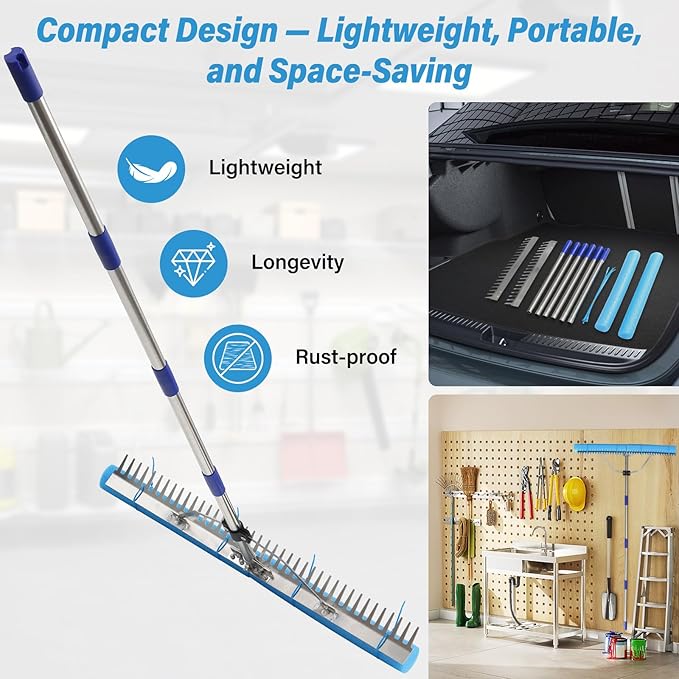 Aluminum Landscape Rake, 31'' Wide Heavy Duty Lake Weed Rakes for Gravel Driveway Leveling,Soil Loosening,Aquatic Weed,Algae Removal, Long Handle Landscaping Tool for Beach,Garden Lawn Yard Cleaning