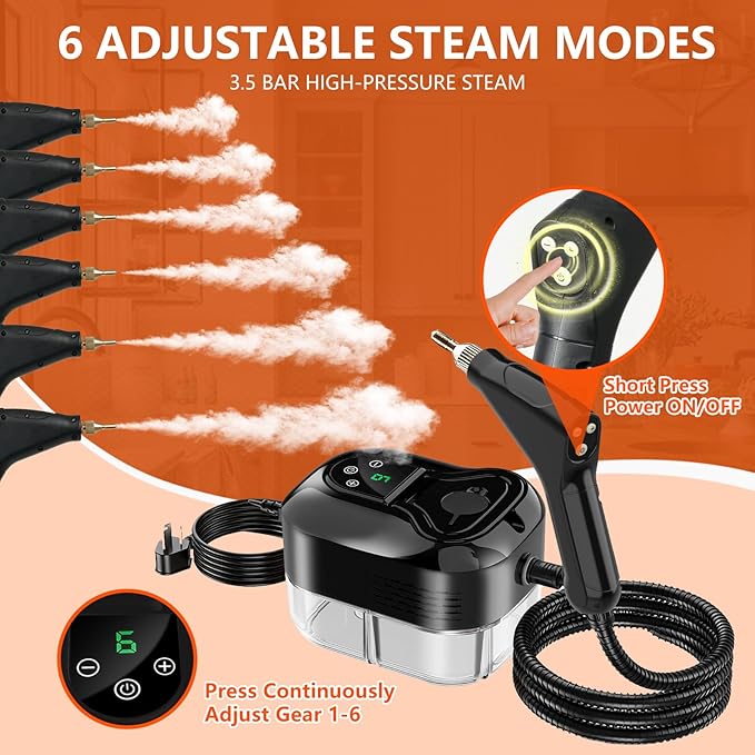 Steam Cleaner for Home & Car - 1200ML Water Tank 15s Heat-Up Portable Steamer for Cleaning, 6 Level Handheld Steam Cleaner for Car Detailing with 6 Accessories for Furniture, Grease, Carpet, Grout