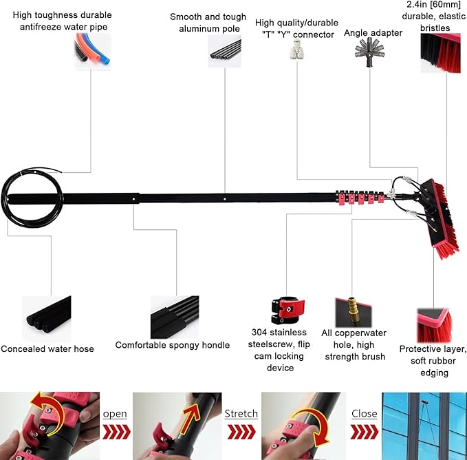 Water fed Pole Telescopic Window Cleaner Water Spray KnifeSqueegeeconservatory roof Cleaner/Water fed extendable Brush/Window Clean Kit roof Cleaning Tools with Water Supply Hose 3.6Rod leng