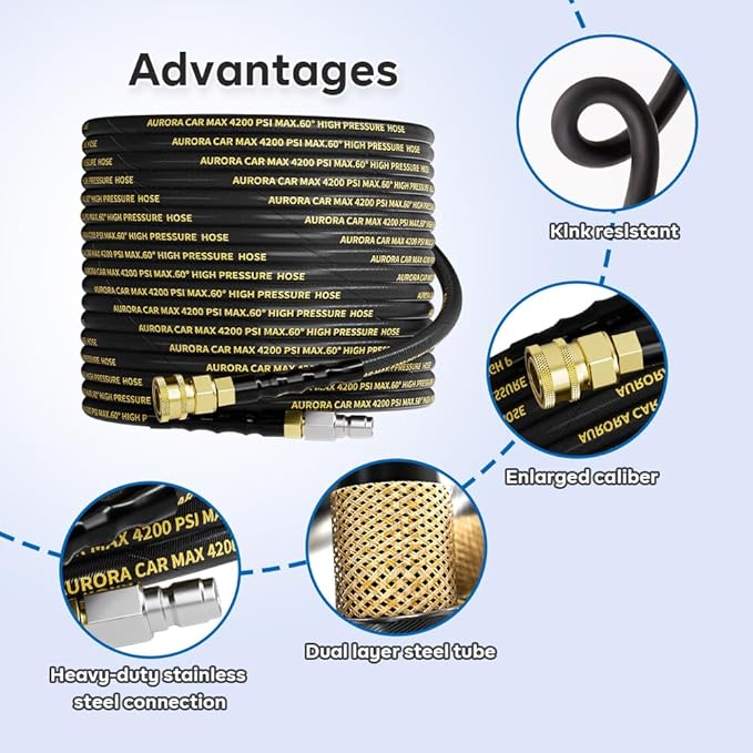 AURORA CAR Pressure Washer Hose 50FT with 3/8 Inch Quick Connect, Kink Resistant High Tensile Wire Power Washer Hose, Industry Grade for Power Washer Hose with 2 pcs M22 14mm Adapter Set,4200 PSI