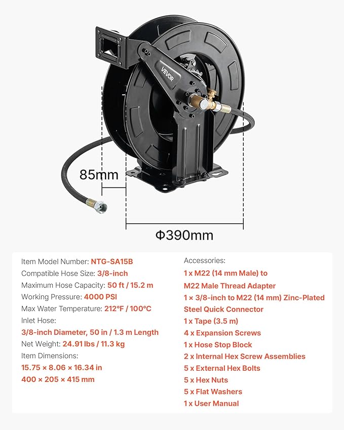 VEVOR Pressure Washer Hose Reel, 50 ft x 3/8 inch Retractable Power Heavy-Duty Steel Washer Hose Reel, 4000PSI Max, Auto-Rewinding, Flexible Wall/Floor Mounted for Car Washing,Garden,Floor Cleaning