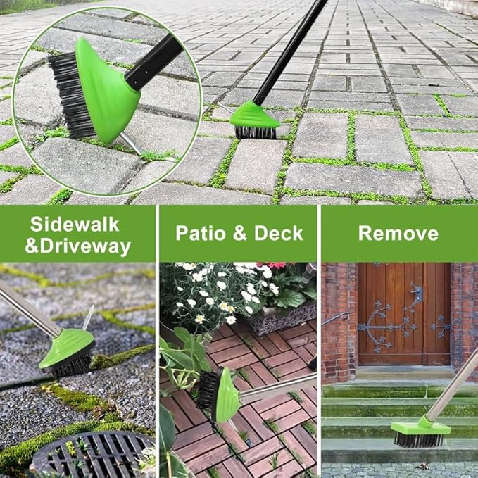 3-in-1 Weed Brush Tool Set, Adjustable Long Handle Crack Weeder & Moss Remover for Driveway, Patio, Sidewalk - Stainless Steel Crevice Cleaning Kit (1 Set)