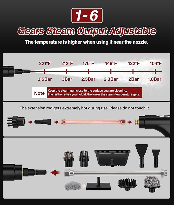 2026 Upgraded Steam Cleaner,10s Heat-Up,1.2L Tank, 6-Level Adjustable Handle,1500W Steamer for Cleaning, Portable Steamer for Cleaning with 20PCS Accessories, Steam Cleaner for Home,Car,Dirt