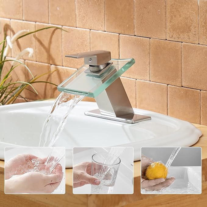 BWE Waterfall Bathroom Faucet Brushed Nickel Glass Spout Vanity Faucets for Bathroom Sink 1 Hole Single Handle Modern Lavatory Bath Mixer Tap with Faucet Supply Hose
