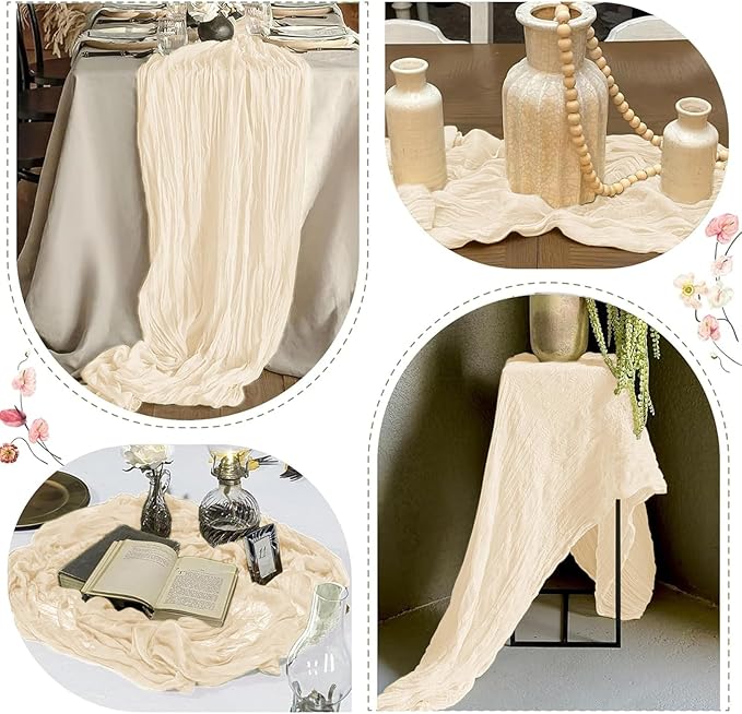 25 Pack Ivory Cheesecloth Table Runner 17 x 108 Inch Gauze Table Runner Fabric Semi Sheer Cheese Cloth Table Decor Bulk for Rustic Romantic Wedding Baby Shower Table Decoration