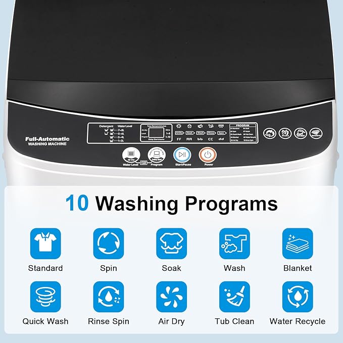 2.2 Cu.Ft Portable Washing Machine, Full-Automatic Electric Laundry Machine with 10 Programs, Compact Clothes Wash and Spin Combo with Stainless Steel Drum, Drain Hose for Apartment, Dorm,Home