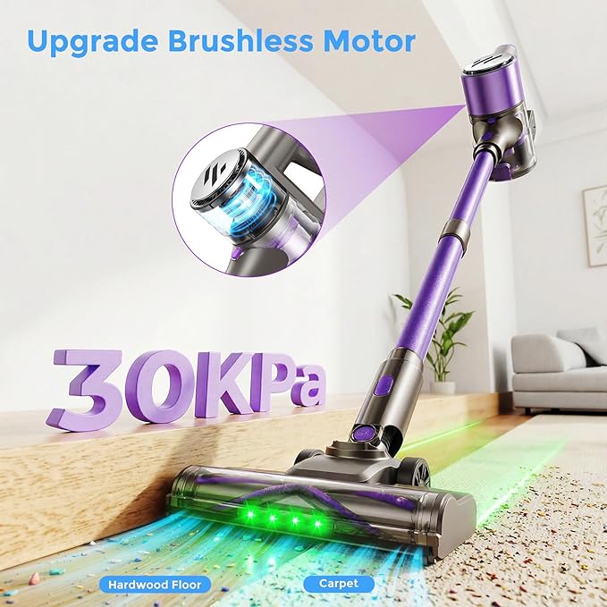 Vacuum Cleaners for Home,Cordless Vacuum Cleaner,Lightweight Stick Vacuum Cordless Rechargeable,Self-Standing Design,LED Touch Screen,Vacuum for Hardwood Floors,Carpet,Pet Hair(Mulberry Purple)