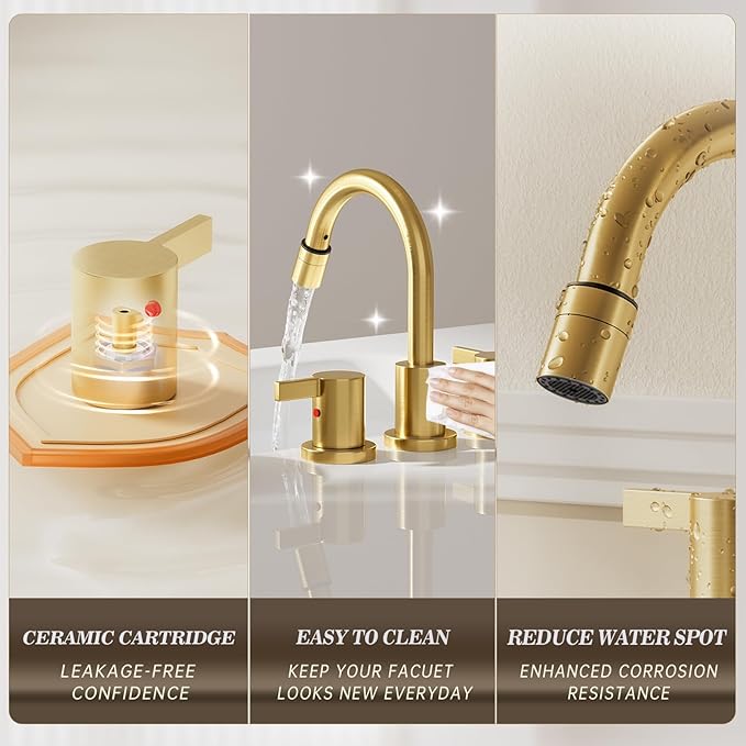 Phiestina Pull Down Sprayer Brushed Gold 8 Inch Bathroom Sink Faucet, 2 Handles 3 Hole Widespread Pull Out Bathroom Faucet，with Pop Up Drain and Water Supply Line,BF04022-K01-BG