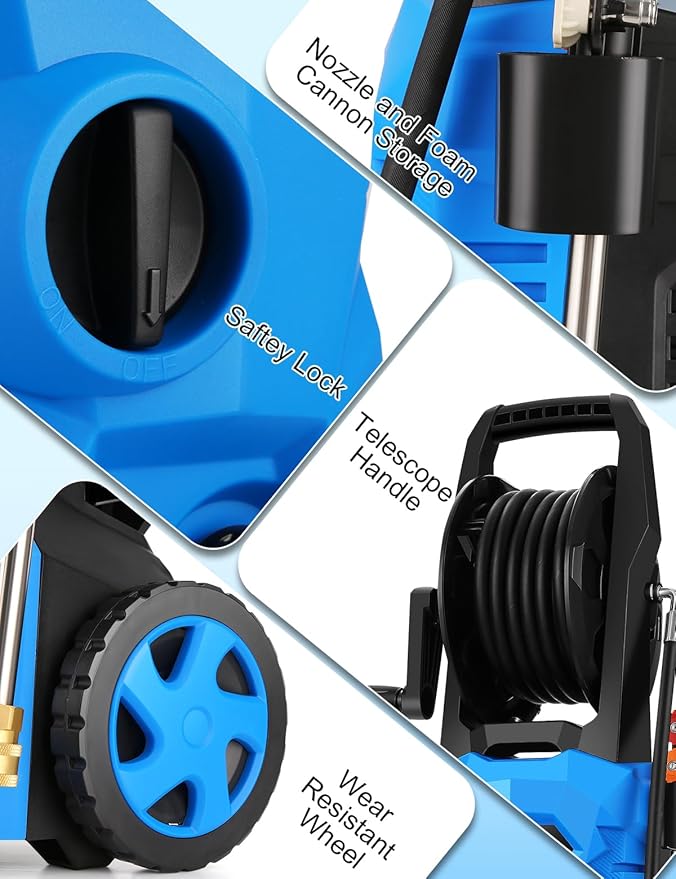 commowner𝐏𝐨𝐰𝐞𝐫 𝐖𝐚𝐬𝐡𝐞𝐫 𝟓𝟎𝟎𝟎𝐏𝐒𝐈 Portable with 33FT Pipe, 4 Nozzle Set for Home/Cars/Fences/Windows, Spphire
