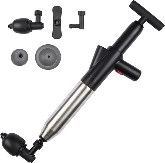 Professional Drain Blaster Gun, High Pressure Air Pump Plunger with Multiple Attachments for Toilet, Sink, Bathroom, Kitchen Clogs, Stainless Steel and Plastic Construction (Black)